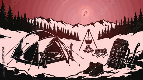Camping scene, tent, backpack, axe, campfire, mountains, vector illustration