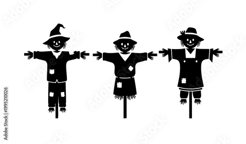 Quadro em tela Scarecrow silhouettes set with three harvest season characters standing in rural