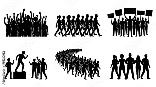 Diverse Protest Crowd Silhouettes: March, Rally, Signs, Speaker