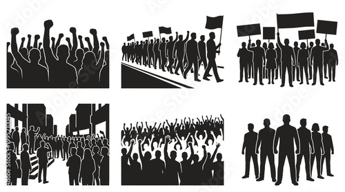 Political  Social Protest Activism Crowds Silhouette Vector Icon Set