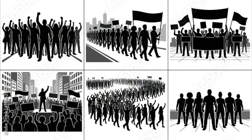 Black  White Silhouettes of Protesters with Flags and Signs in City