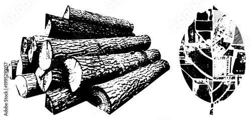 Firewood pile with cut ends showing grain, lumber stack for fuel or construction, rustic woodpile graphic, halftone forest, nature symbol.