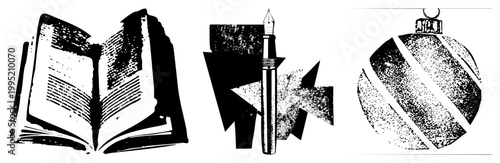Distressed black and white illustration set featuring academic, writing, and holiday symbols textbook, nib pen, bauble rendered in punk zine aesthetic for edgy design projects.