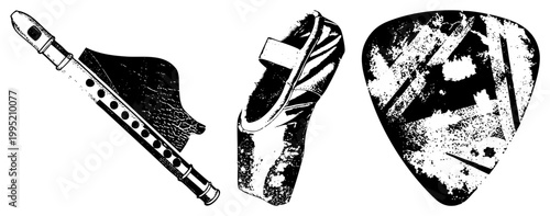 graphic set featuring woodwind instrument, pointe shoe, and plectrum also known as fipple flute, ballet slipper, guitar pick. Ideal for music, dance, or artistic design projects.