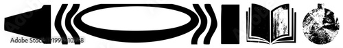 symbols loudspeaker, waveform, open book, textured orb. Great for UI, infographics, education. Also called glyph pack or suite.