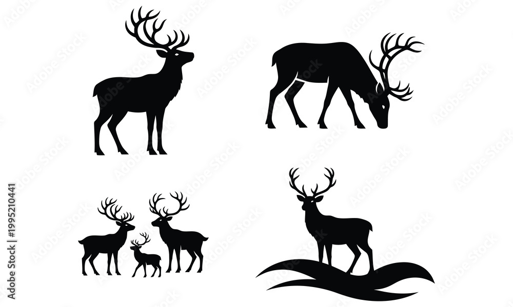 Fototapeta premium Reindeer deer with large antlers standing grazing and in a group vector collection.
