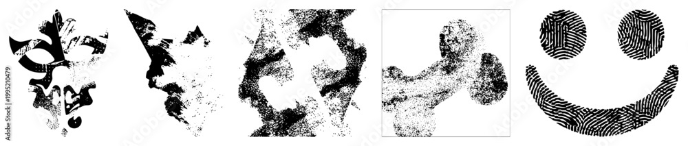 Obraz premium Pixelated vector cutouts featuring fingerprint, stylized, and halftone effects ideal for graphic design or UI elements. stippled, dot matrix glyphs.