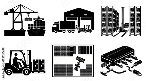 Logistics and Warehousing Icons: Crane, Truck, Forklift, Warehouse, Racks