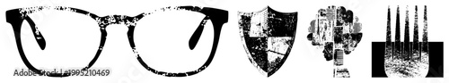 Distressed vector symbols featuring retro halftone wear spectacles, emblem shield, cerebral, dining utensil ideal for punk, vintage, or edgy graphic design.