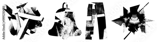 Stylized graphic symbols featuring shattered forms, dotted textures, and deconstructed shapes ideal for modern design, digital art, or experimental branding.