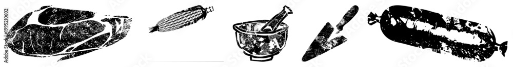 Obraz premium food prep symbols including butcher cut, maize cob, grinding bowl, kitchen blade, and cured meat ideal for menus, packaging or culinary design.