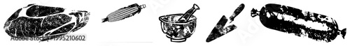 food prep symbols including butcher cut, maize cob, grinding bowl, kitchen blade, and cured meat ideal for menus, packaging or culinary design.