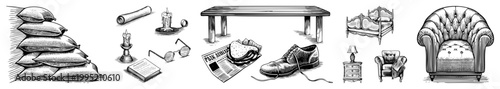 Retro sketch (armchair, bed, table, sack pile, candlestick, newspaper, shoes) for print,, or. Also called engraved doodles or pen and ink vignettes.