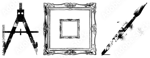 Classic technical drawing tool, decorative gilded frame, artistic paintbrush with splatter effect precision instrument, vintage art supply, hand drawn illustration element.