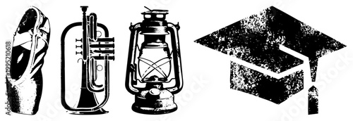 Silhouette style vector depicting dance footwear, brass wind instrument, vintage oil lamp, academic headwear also called pointe shoe, cornet, kerosene lantern, mortarboard.