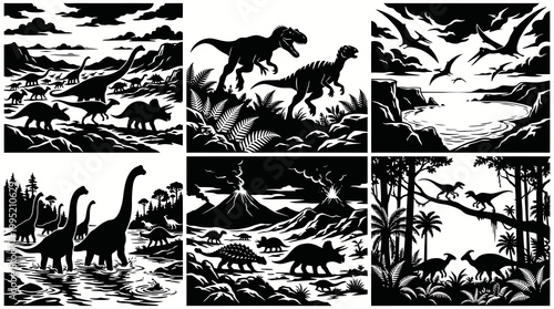 Black and White Dinosaur Silhouette Scenes in Various Prehistoric Landscapes