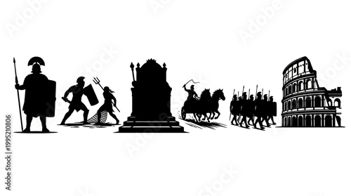 Roman Empire Silhouette Icons: Gladiators, Chariot, Legion, Colosseum