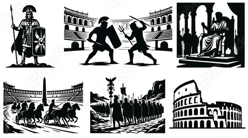Ancient Roman Gladiators, Colosseum  Emperor - Black  White Vector Art