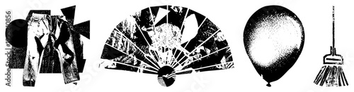 Black and white halftone illustration set featuring denim trousers, folding fan, inflated balloon, and cleaning broom also called stippled graphics, dot matrix art, or retro print design.