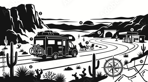 Black  White Line Art: Outdoor Travel RV Road Trip Desert Landscape Adventure Illustration