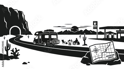 Outdoor Adventure Travel: Black  White Silhouette Vector Road Trip with RV Camper Van