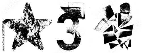 Distressed star numeral 3 with shattered geometric forms, retro screen print effect, punk aesthetic typography, deconstructed vector art.