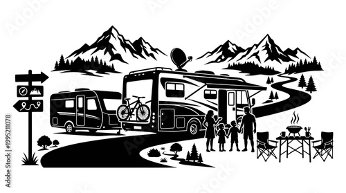 Outdoor Recreation RV Camper Family Mountain Camping Silhouette Illustration
