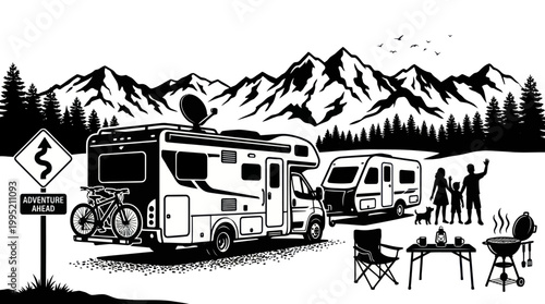 Black and White Line Art of RV Camping with Mountains and Family