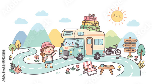 Cute Cartoon Illustration: Happy Girl and Camper Van on a Camping Road Trip Adventure.