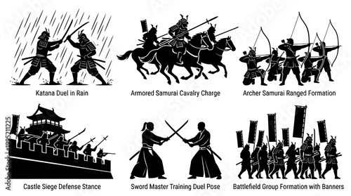 Samurai Warriors Black and White Silhouette Vector Set - Japanese History and Martial Arts