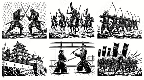 Black  White Line Art Japanese Samurai Warriors, Castle, Archery, and Sword Fighting Illustrations