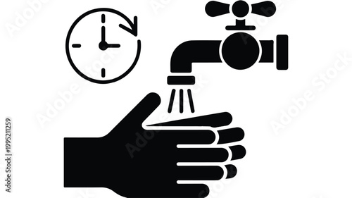 A minimalist black and white illustration of a hand under a faucet with a clock.