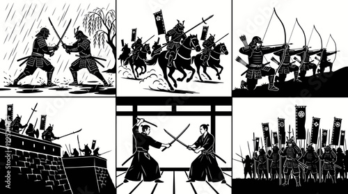 Black and White Samurai Warriors Battle and Archery Stock Vector Art