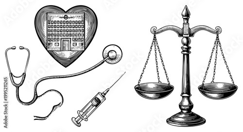 Healthcare featuring hospital heart emblem, diagnostic stethoscope, injection syringe, and balanced scales synonymously representing medical jurisprudence and clinical integrity.
