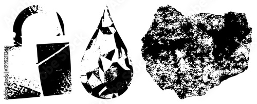 Rugged stencil graphics featuring weathered lock, fractured teardrop, and organic blob urban street art motifs, gritty design elements, distressed visual style.