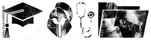 University graduation cap, anatomical brain, stethoscope, and medical chart symbols. Academic regalia, neuroscience diagram, diagnostic tool, health record visualization.