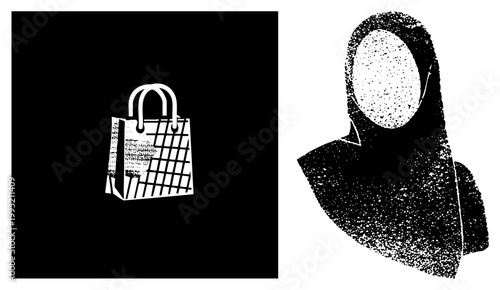 Grunge style shopping tote and covered person illustration, halftone print design, stippled texture set, retail and cultural symbol, cutout graphic.