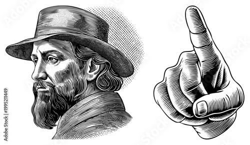 Retro woodcut style portrait of bearded gentleman in wide brimmed hat alongside gesturing hand engraved profile, vintage etching, halftone art.