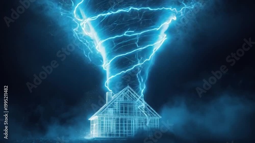 Powerful Tornado Lightning Storm Over House Warning Scene