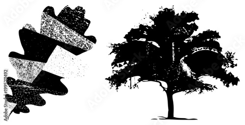 Stylized oak foliage graphic, acorn tree illustration, halftone leaf and canopy design for print or digital use.