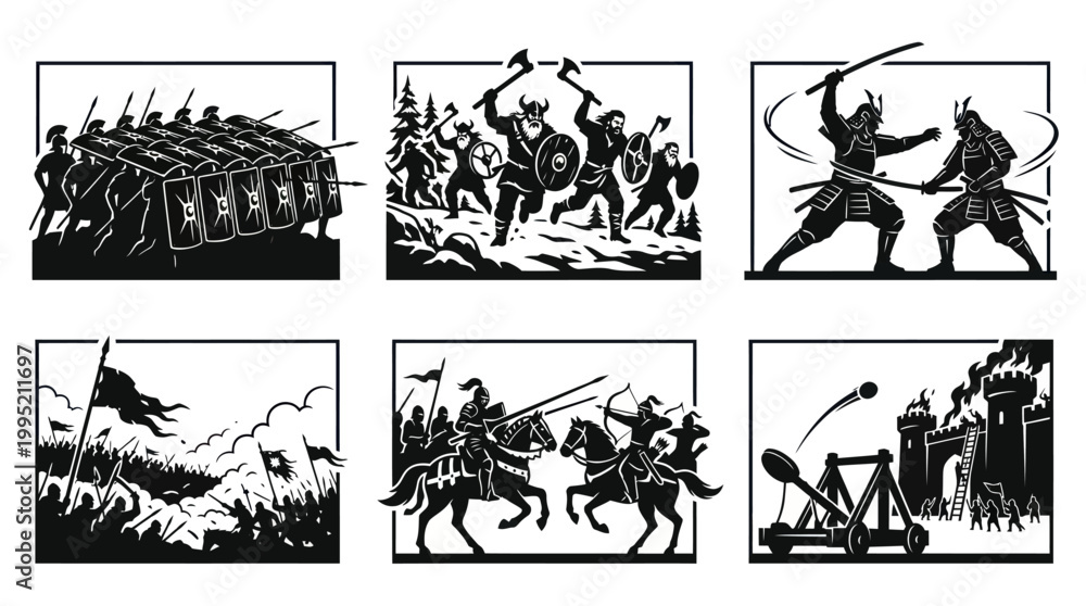 Obraz premium Global Historical Warfare Silhouette Icon Set - Ancient Rome, Vikings, Samurai, Medieval Combat