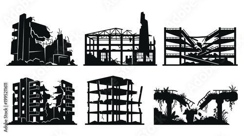 Set of black and white silhouettes of destroyed buildings and ruins
