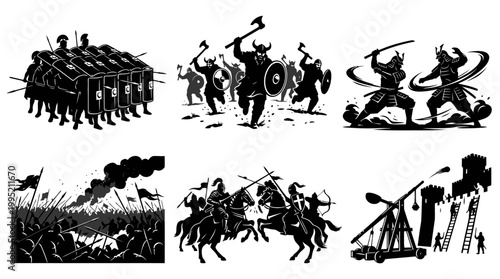 Historical Warfare Black and White Silhouette Glyphs of Ancient and Medieval Battle Scenes
