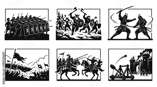 Global Historical Warfare Silhouette Icon Set - Ancient Rome, Vikings, Samurai, Medieval Combat