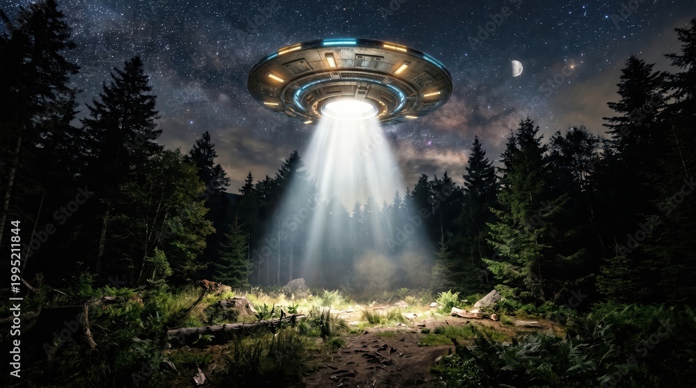 Fototapeta premium Ufo shining beam into forest clearing under starry night sky