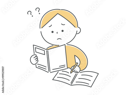 勉強が理解できず困っている男の子のイラスト単色