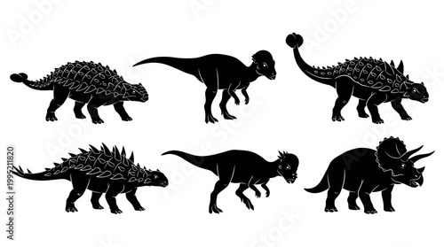 Paleontology Dinosaurs Black Silhouettes Vector Icon Set - Ancient Extinct Reptile Graphics