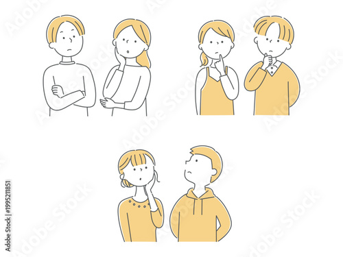 上を見上げて考え込む若い男女のイラストセット単色