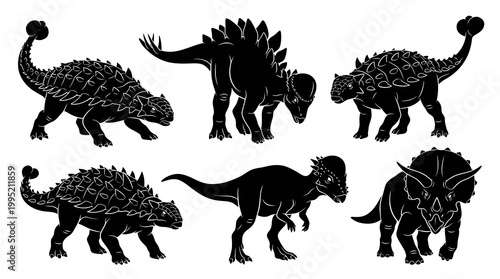 Black  White Dinosaur Silhouettes Set, Vector Illustration, Stock Asset