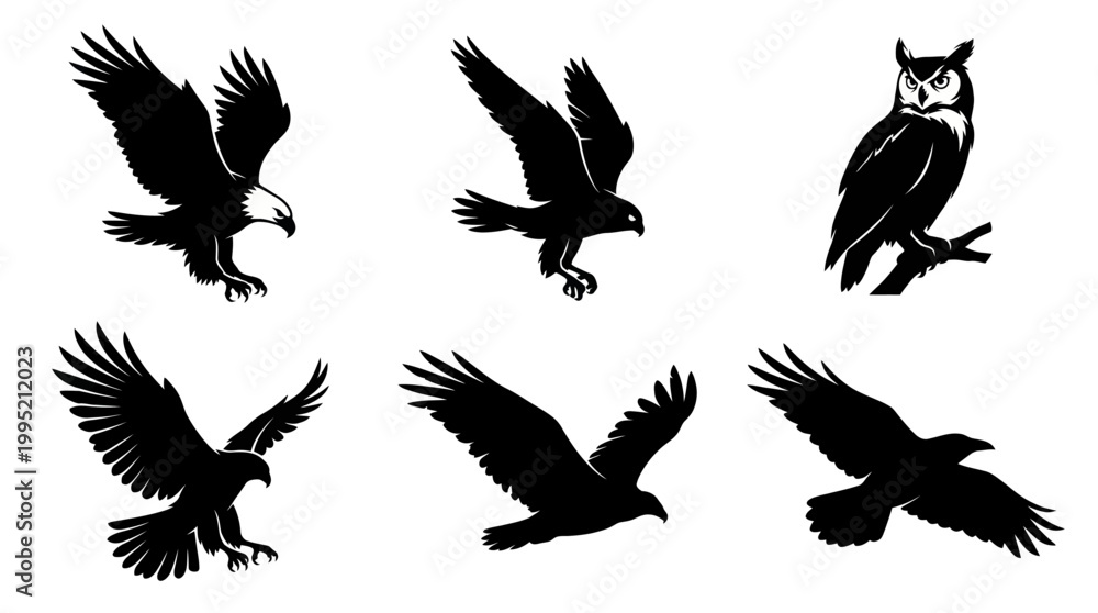 Obraz premium Black White Silhouette Vector Collection of Flying and Perched Birds